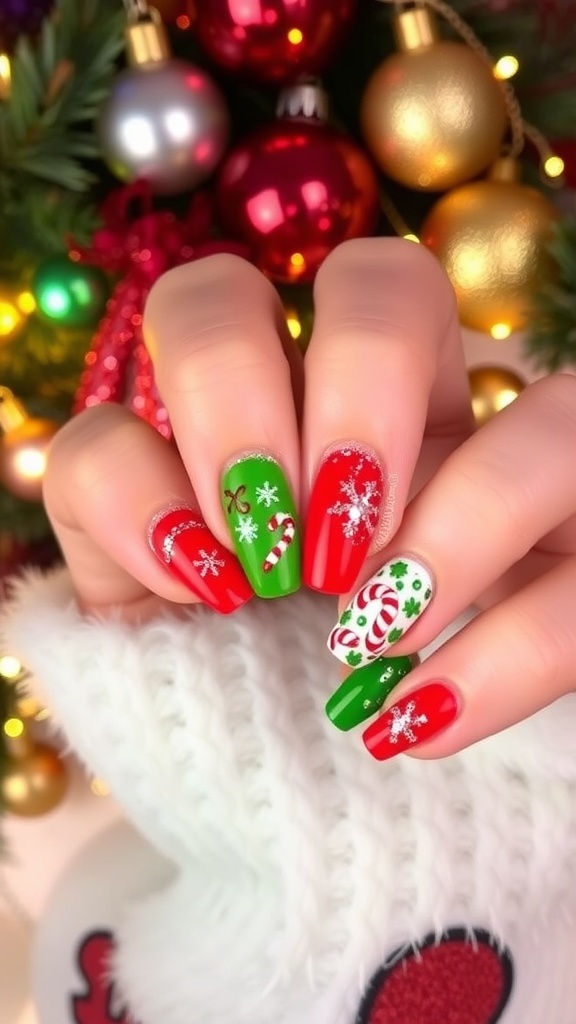 A set of colorful Christmas nails with red and green polish, glitter, and holiday designs.